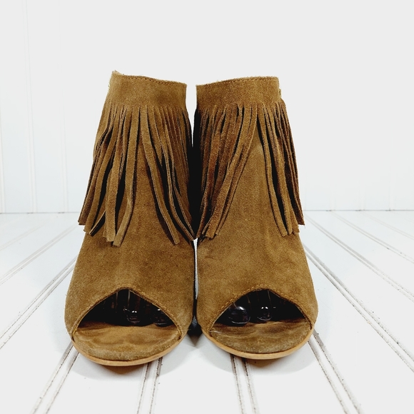 🔥 Carlos Santana Fringed Heeled Brown Suede Open Toe Ankle Booties - Picture 3 of 12